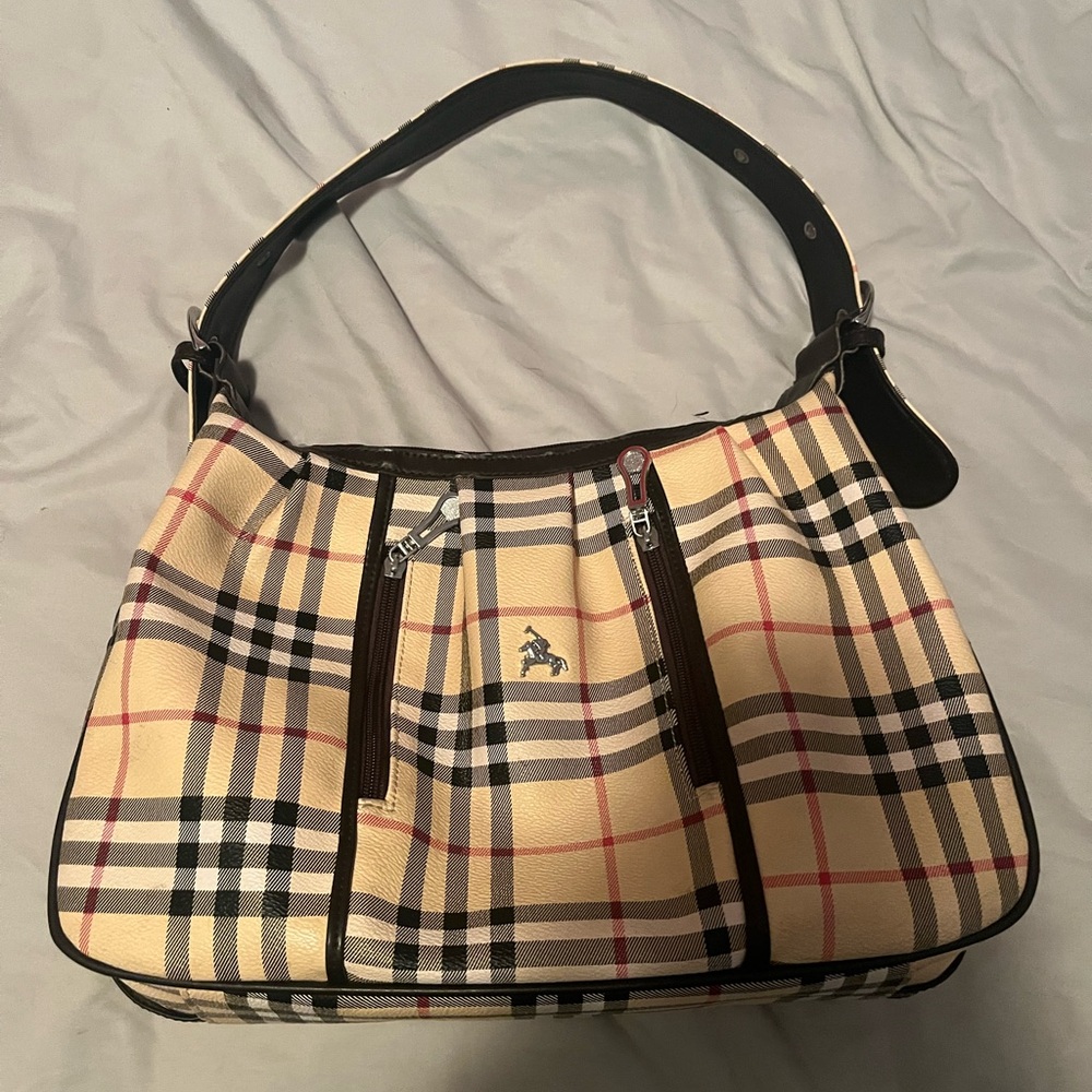 Burbbery style Cream and Black Shoulder Bag with Classic Plaid Design